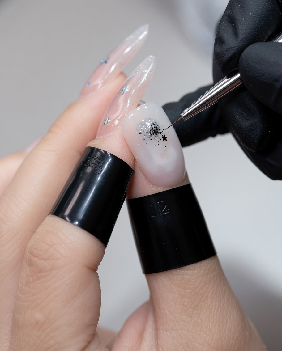 Un primo piano di un pennello liner che posiziona minuscole stelline argentate su ununghia in gel dal colore chiaro.