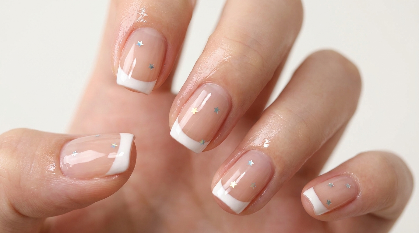 Una sofisticata french manicure impreziosita da minuscole stelline olografiche su una base nude naturale.