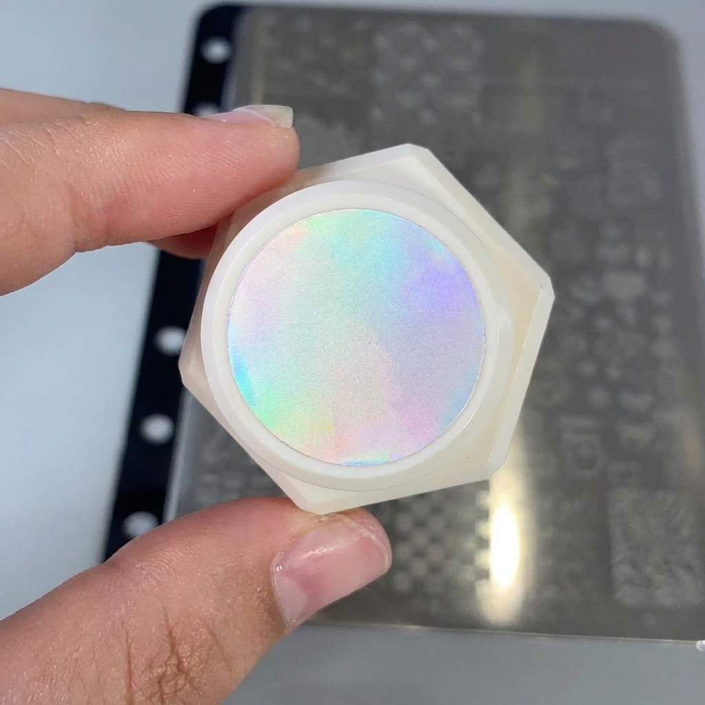 Un pennello applica gel bianco su un design a stella inciso su una piastra metallica.