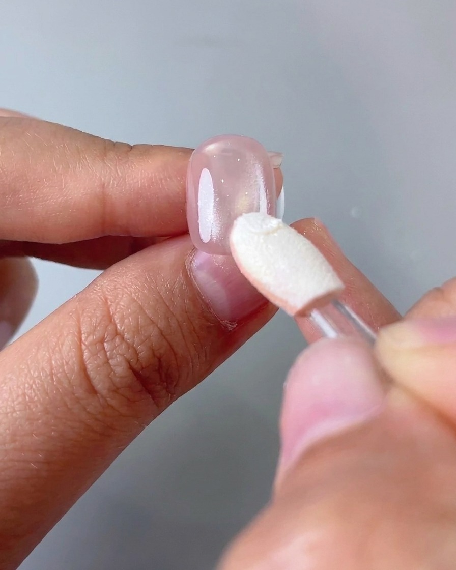 Applicazione di polvere specchio argento sui due terzi dellunghia con una spugnetta.