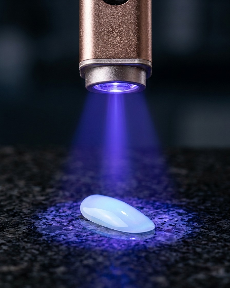 Una singola unghia manicure posizionata sotto una piccola lampada UV portatile per la polimerizzazione.