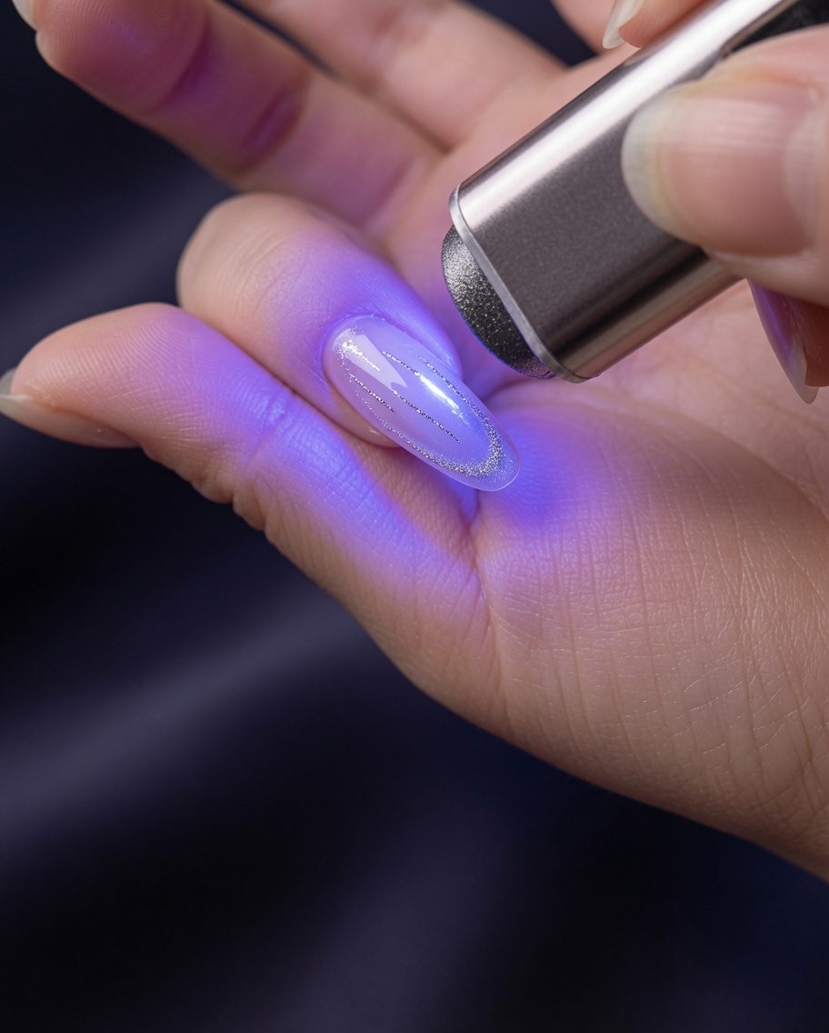 Una luce UV portatile che polimerizza le linee di gel argentate sullunghia.