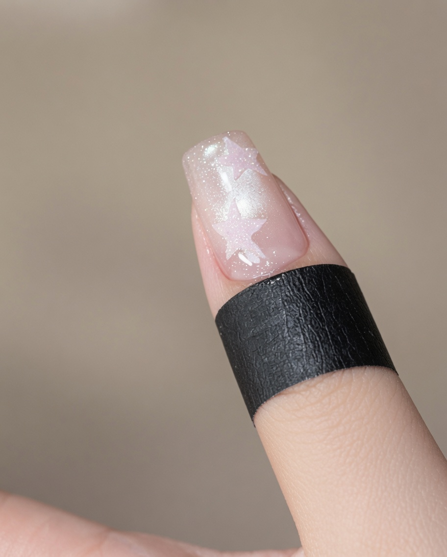 Un dito posizionato sotto una piccola lampada LED portatile per polimerizzare il prodotto.