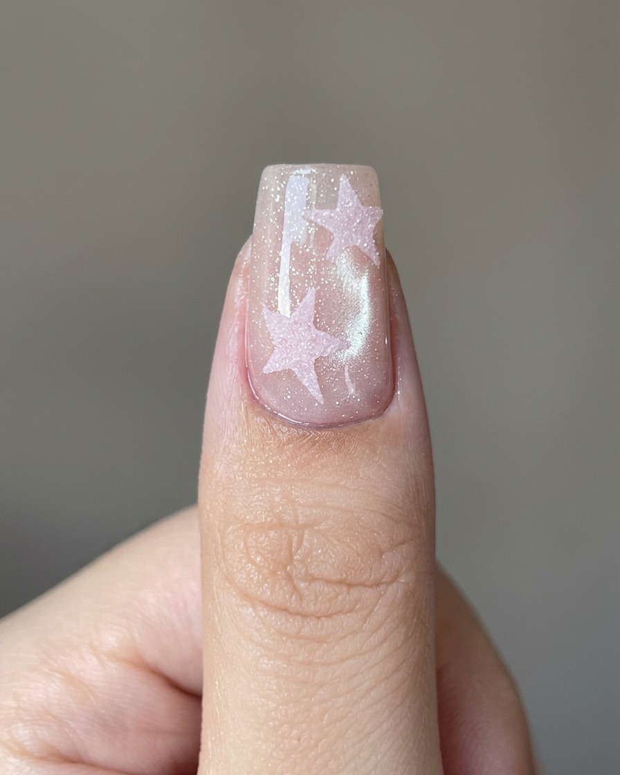 Un pennello che applica uno strato di top coat trasparente sopra un design a stella rosa su ununghia.