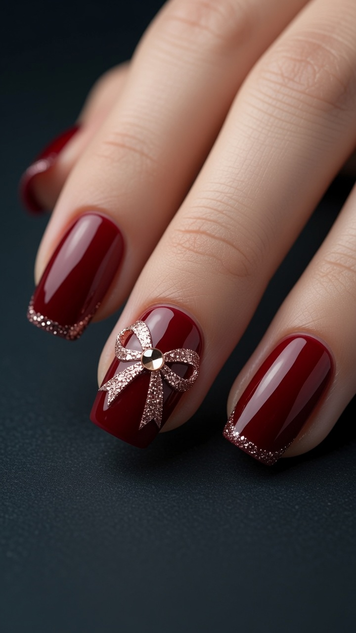 Manicure Natalizia Rosso Intenso con Fiocco Glitter — Design Elegante