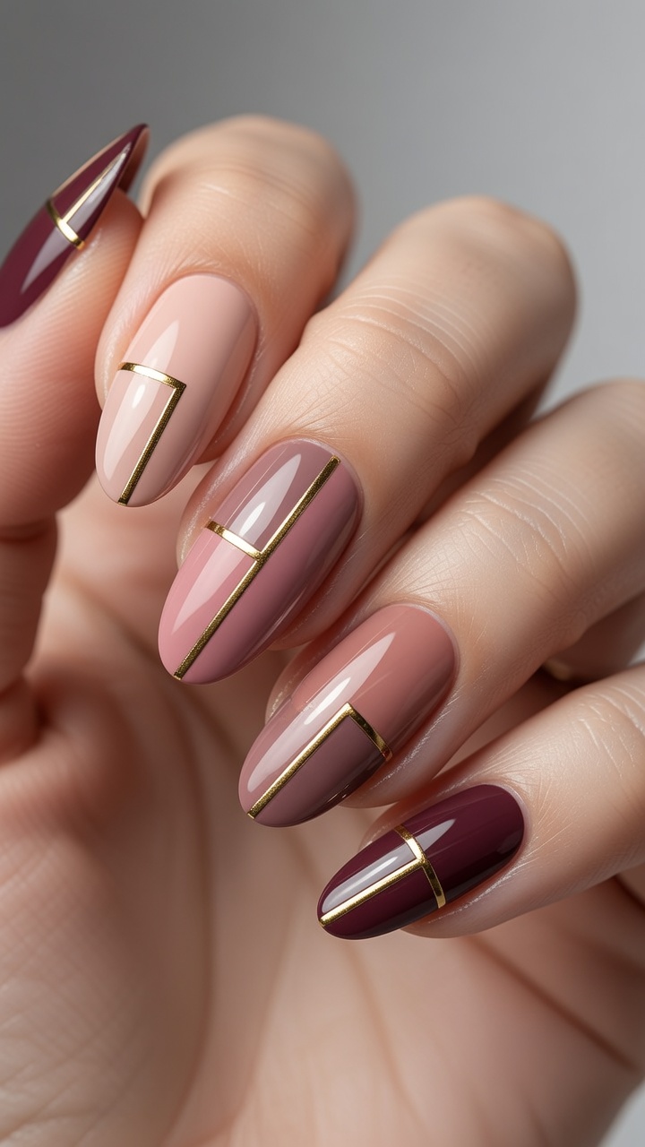 Una chic manicure geometrica che presenta varie tonalità nude, rosa e bordeaux accentate da nitide linee dorate.