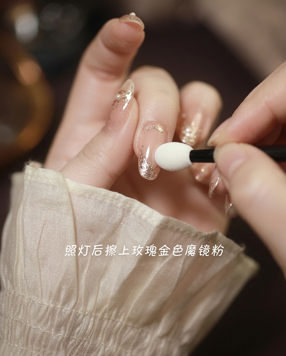Primo piano di ununghia sulla quale viene applicata la polvere a specchio rose gold sulle aree testurizzate usando un applicatore a spugnetta.