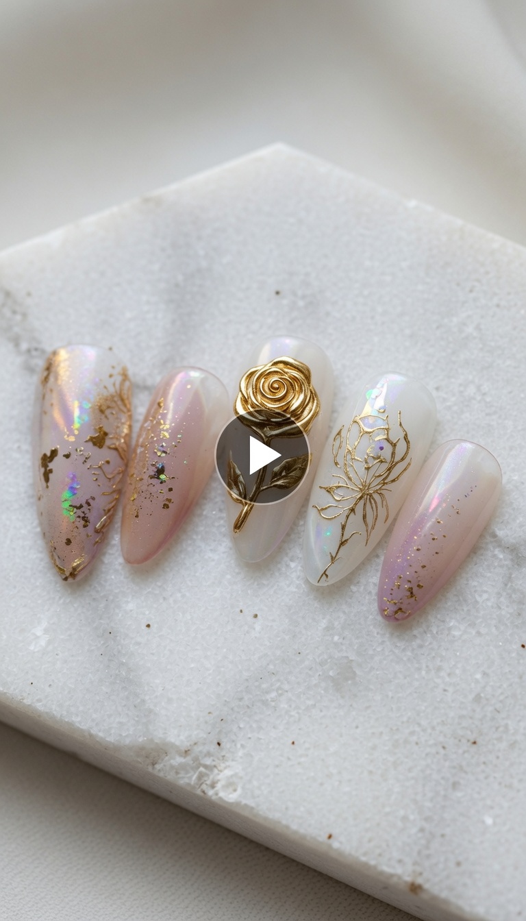 Rosa d'oro metallizzata su base aurora: tutorial dettagliato di nail art