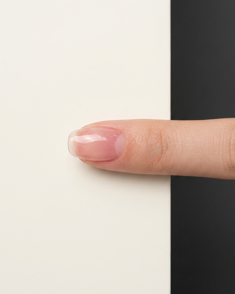Dettaglio di ununghia naturale pulita con uno strato lucido di base coat applicato.