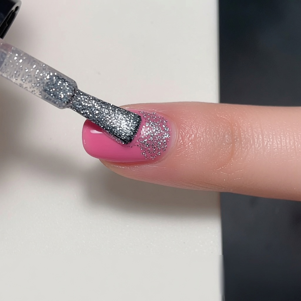 Un pennello che applica uno strato di smalto glitterato argento denso sopra una base in gel rosa su ununghia.