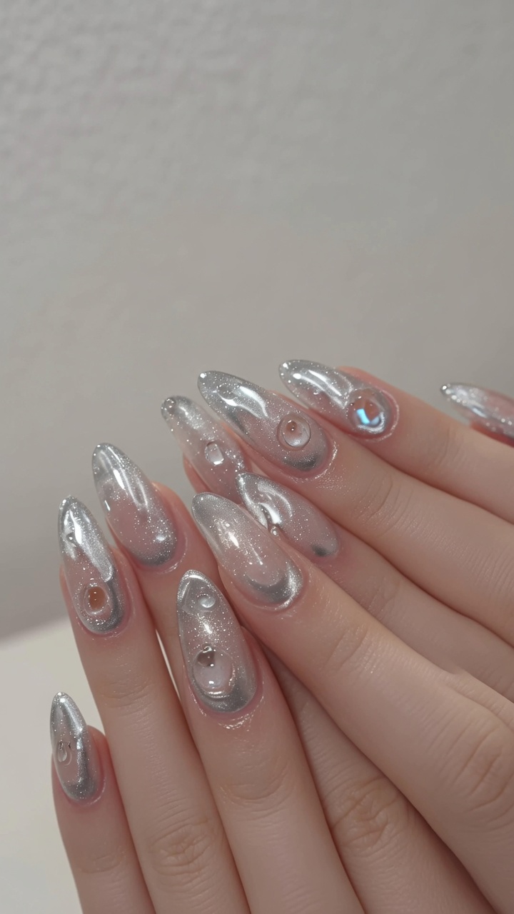 Unghie lunghe a mandorla in gel jelly traslucido con glitter finissimi, finitura aura cromata e realistiche gocce dacqua in 3D.
