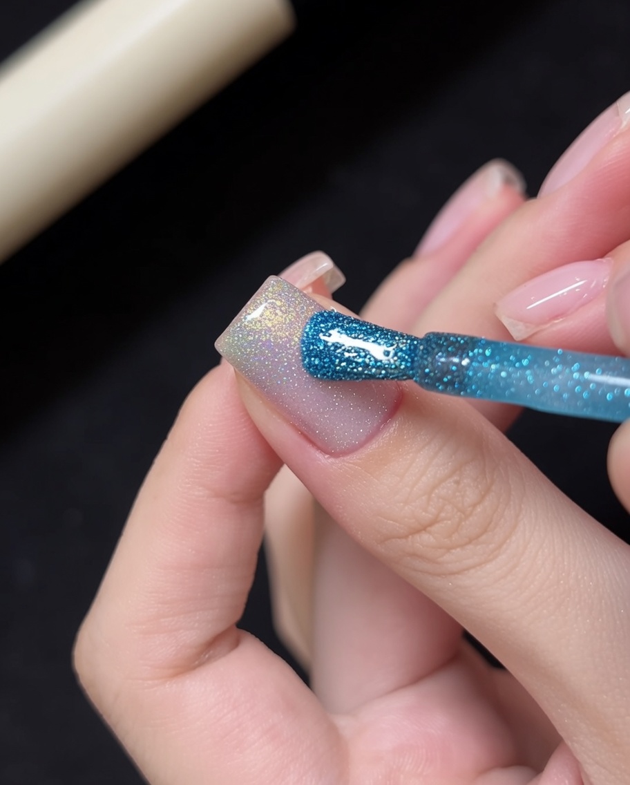 Sfumatura del gel blu nella base cat-eye con un pennello sottile (liner).
