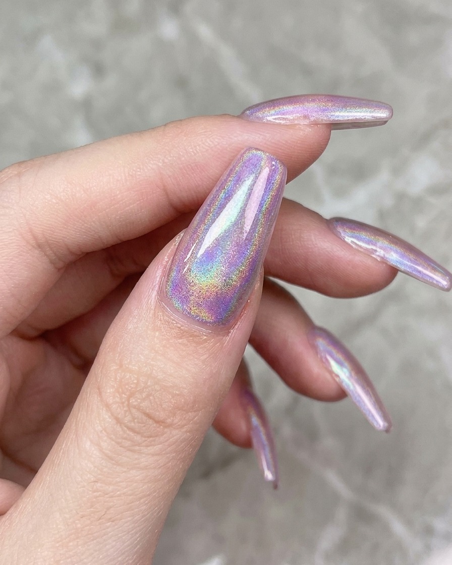 Un pennello per unghie che applica un top coat trasparente sullunghia dipinta con gel rosa.