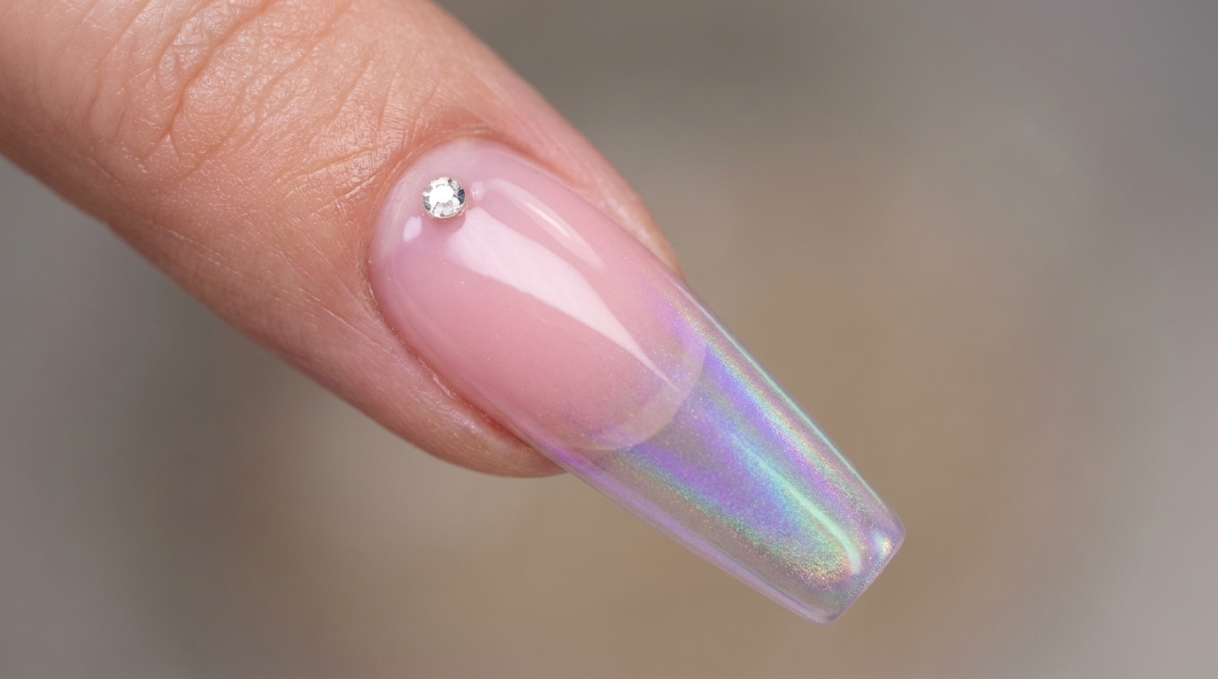 Un etereo design per unghie in gel ombré rosa caratterizzato da un delicato gradiente cromo aurora e uno scintillante strass decorativo.