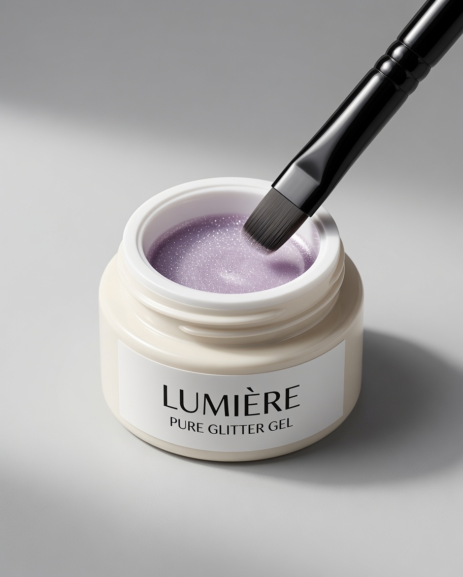 Un pennello piatto che preleva una piccola quantità di gel cat eye color viola chiaro.