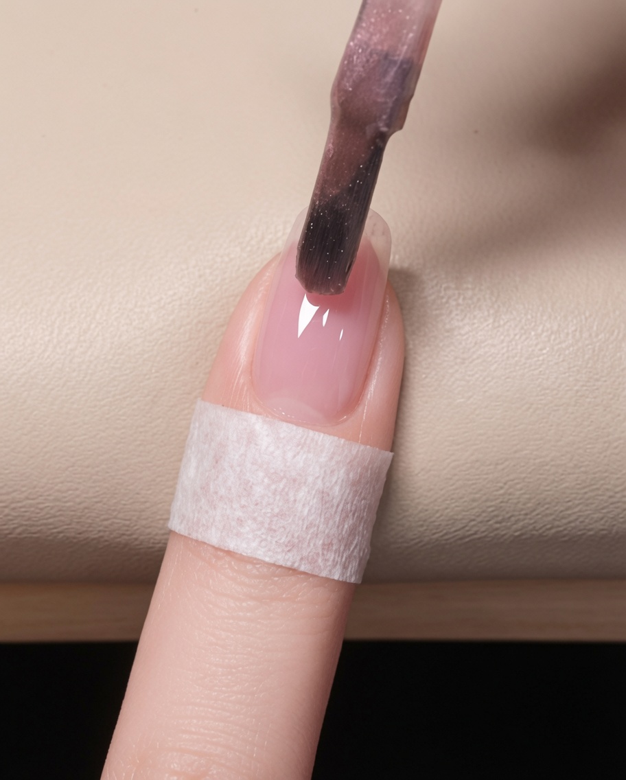 Primo piano di un pennellino che applica uno strato sottile di gel cat eye rosa semitrasparente su ununghia naturale preparata.