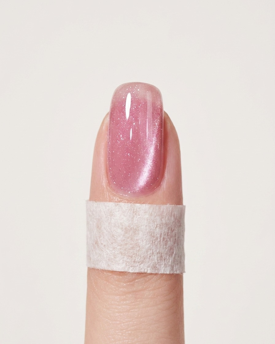 Un magnete tenuto vicino a ununghia bagnata di smalto rosa, con le particelle metalliche che si spostano per creare leffetto cat eye.
