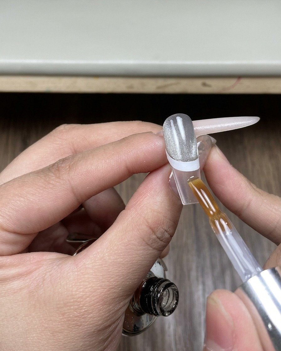 Un pennello che applica un top coat trasparente e lucido sulla punta esposta di ununghia, seguendo la curva di una linea guida adesiva bianca per french.