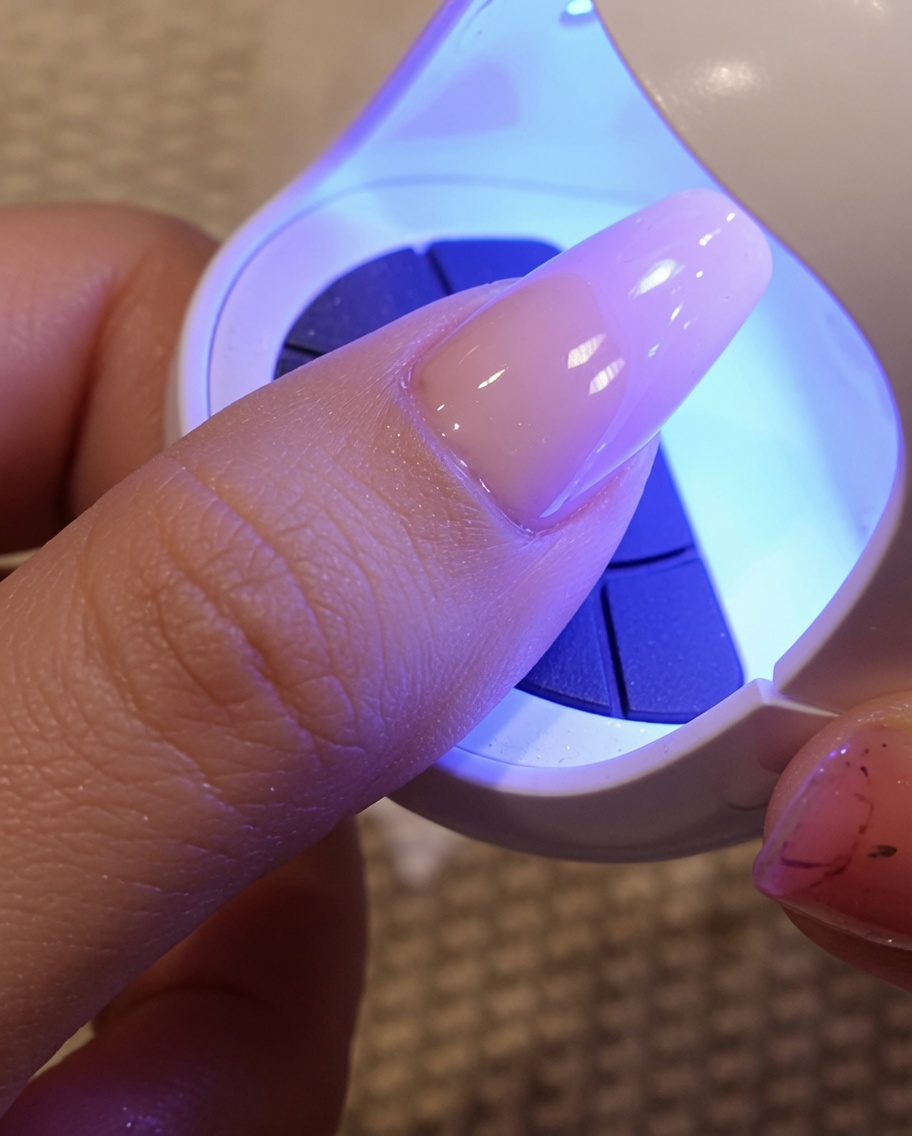Un pennello da unghie applica un top coat gel trasparente e viscoso sopra una base color marrone chiaro, lasciando un finish lucido e bagnato.