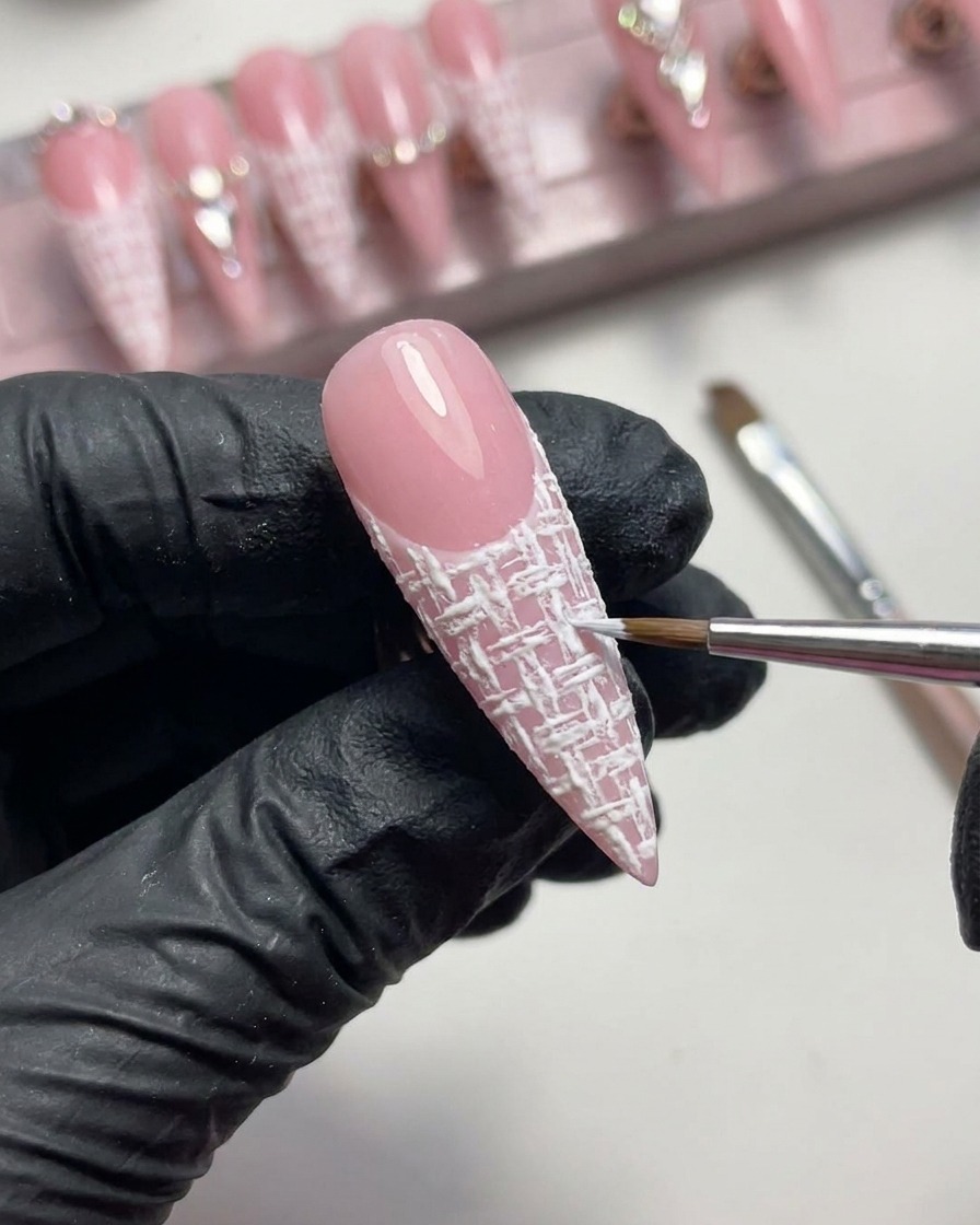Dettaglio di un pennello che applica un bordo bianco in rilievo di gel plastilina lungo la linea del sorriso.