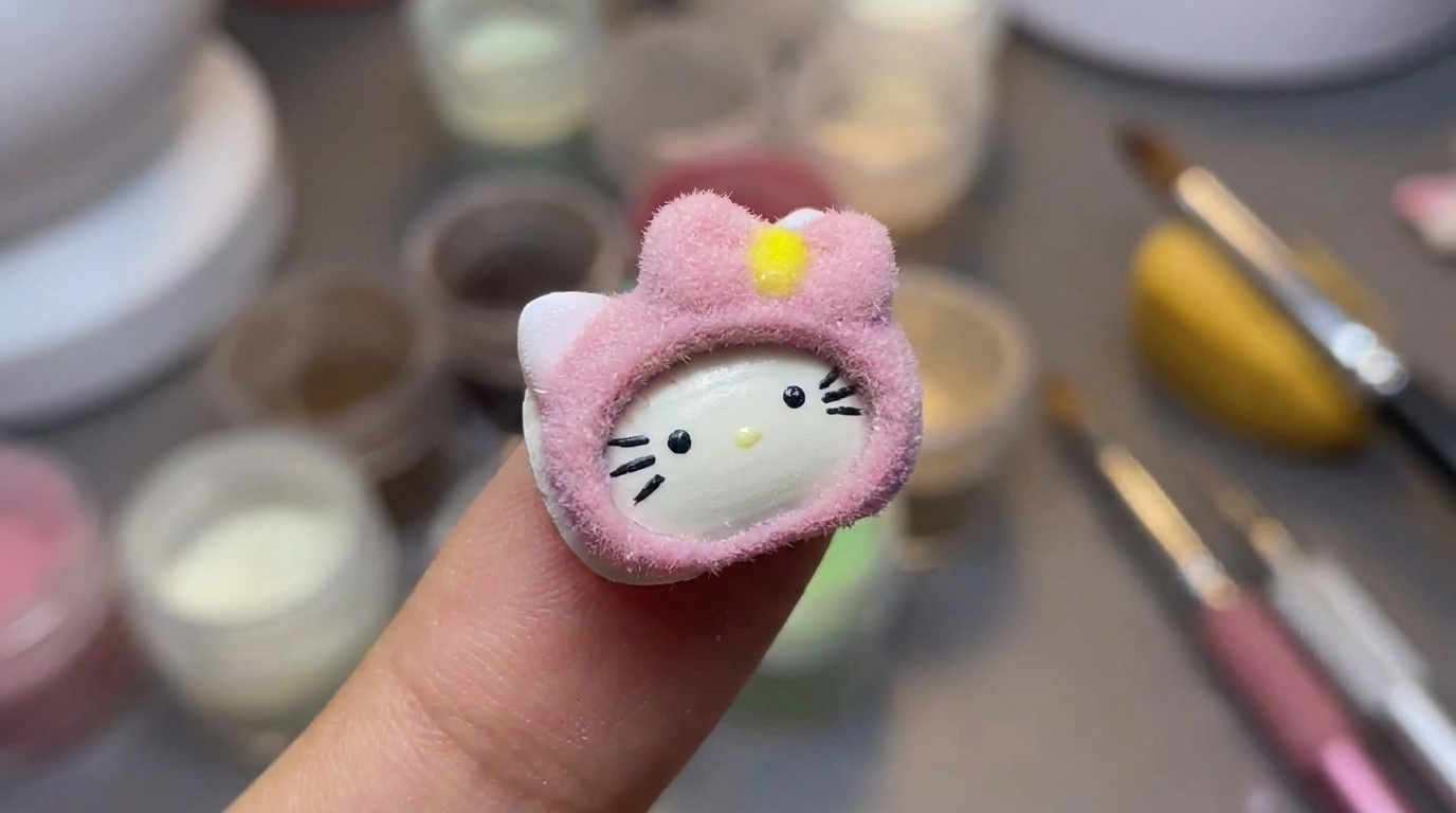 Nail Art Fluffy Velvet Hello Kitty — Tutorial Gel 3D