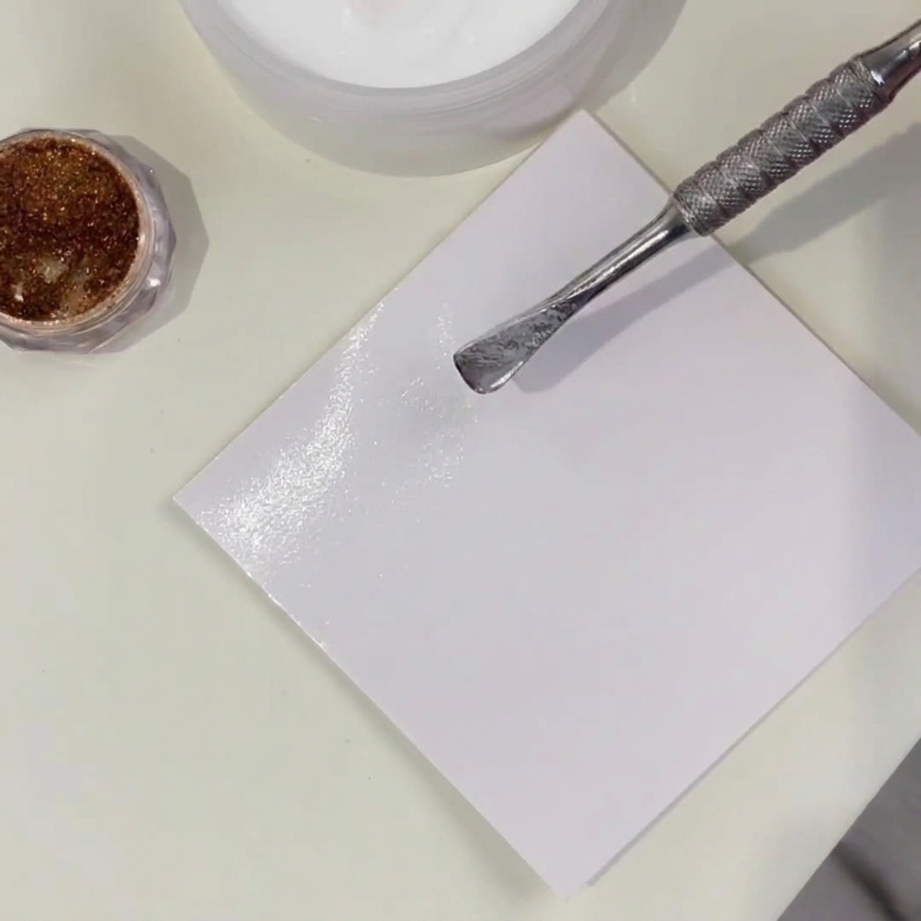 Primo piano di uno spingicuticole in metallo che mescola polvere trasparente e polvere a specchio color bronzo su una tavolozza quadrata bianca.