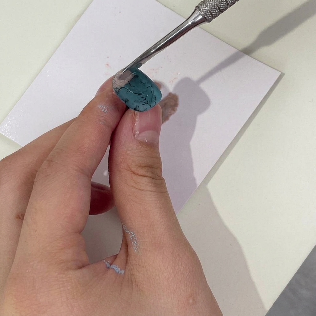 Uno strumento in metallo tenuto sopra ununghia turchese, che sparge uno strato leggero di polvere personalizzata su un design floreale stampato nero fresco.