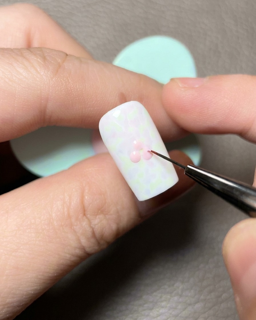 Pennello liner di precisione che unisce i punti di gel rosa su una base bianca.