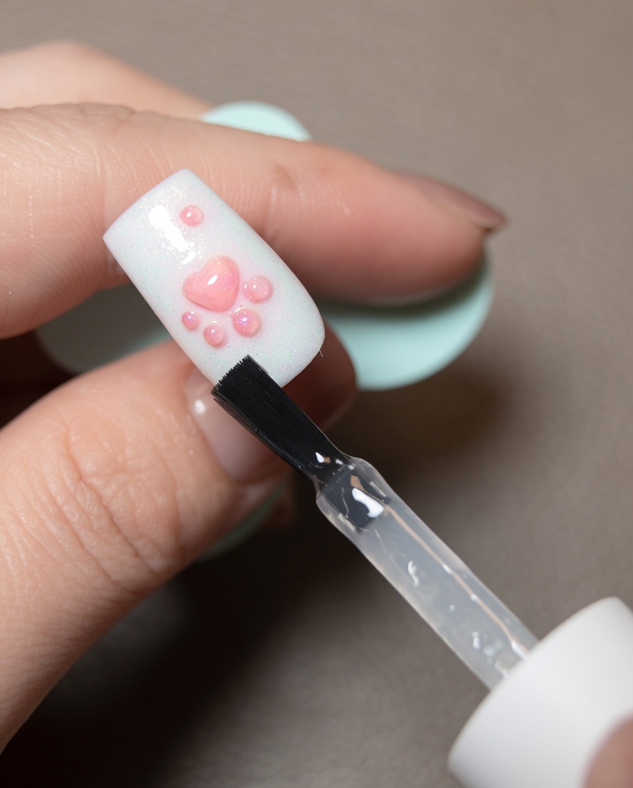 Unghia con base coat fresco e non polimerizzato.