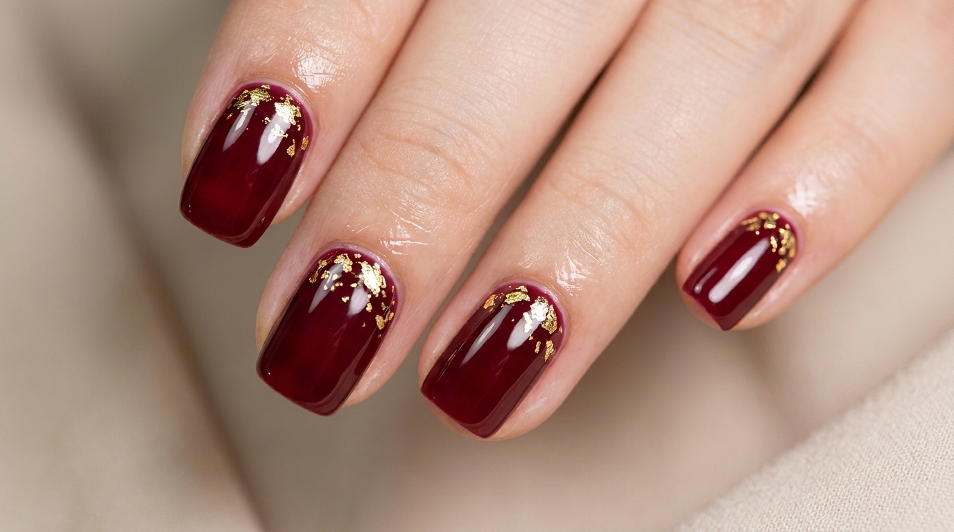 Manicure in gel rosso intenso completata con delicati accenti di foglia oro concentrati vicino alla cuticola.