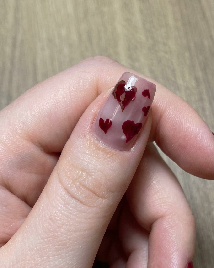 Un pennello di precisione che disegna un contorno marrone attorno a un cuore magenta sullunghia.