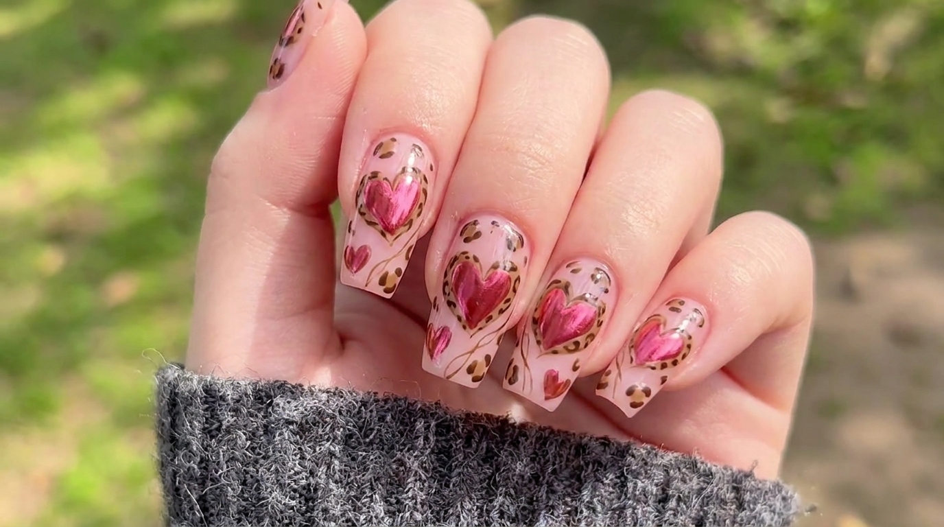 Unghie squadrate lucide con base rosa traslucida, cuori magenta metallizzati e delicati dettagli leopardati marroni.