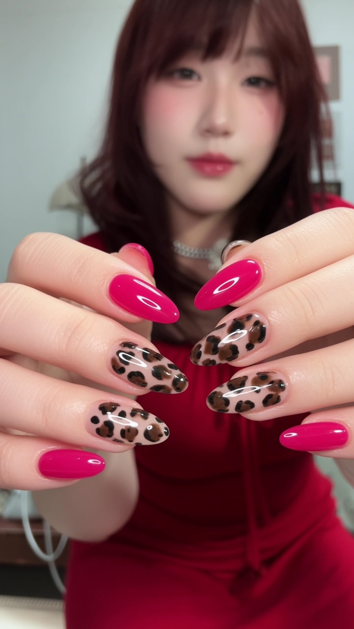Unghie Asimmetriche Fucsia e Leopardate — Tutorial di Tendenza