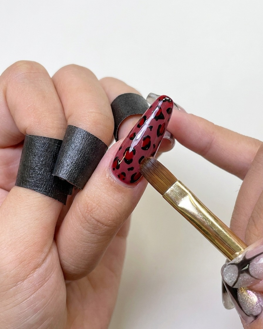 Un pennello da smalto gel applica uno strato spesso di top coat trasparente sopra ununghia con stampa leopardata rossa e nera.