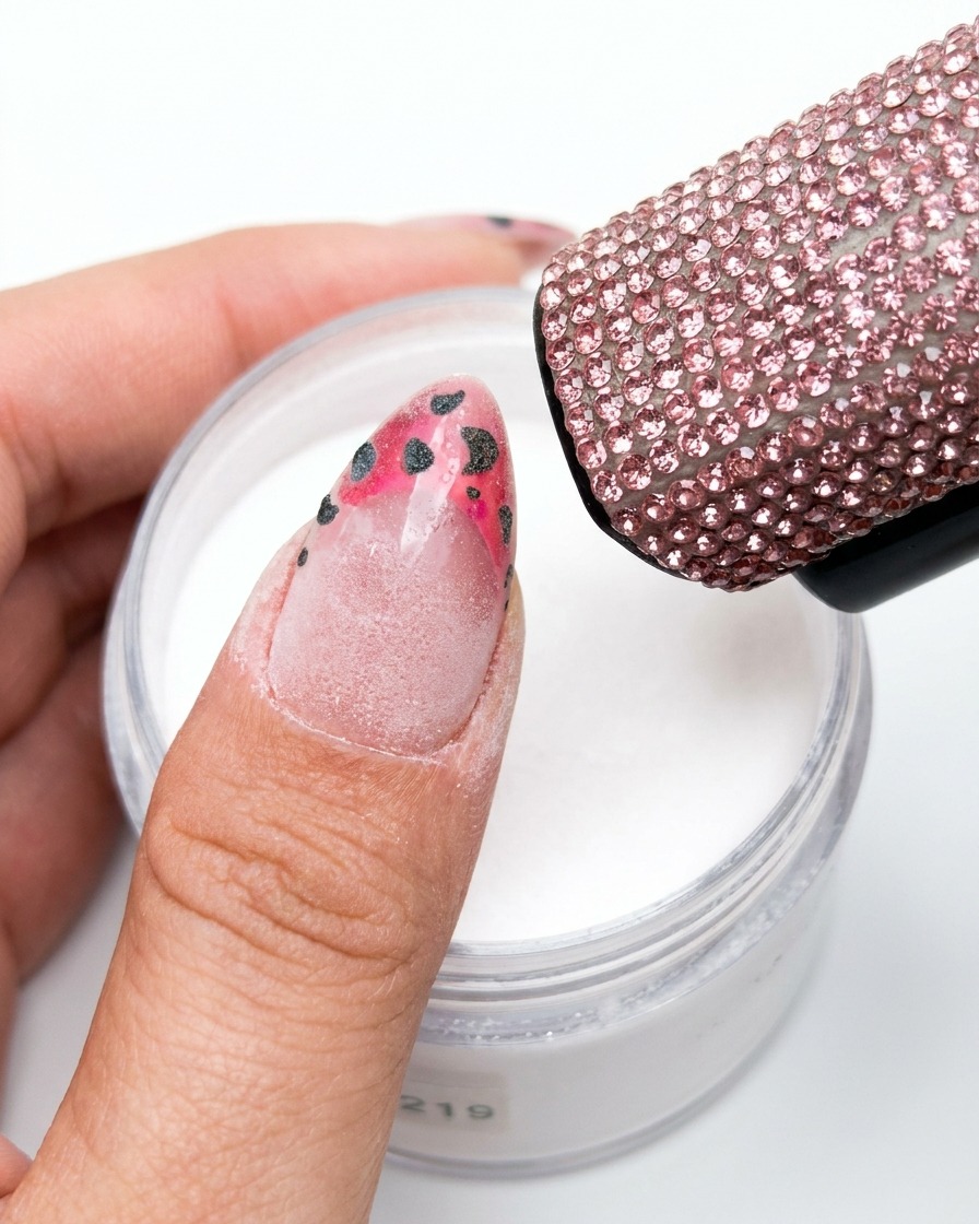 Uno spazzolino che passa su ununghia per rimuovere la polvere in eccesso, rivelando il design leopardato sottostante.