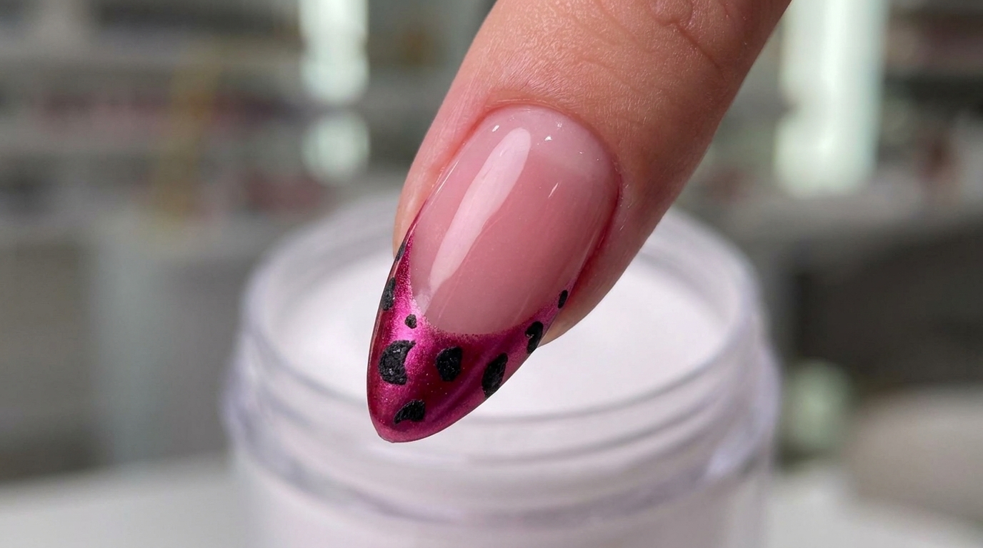 Sofisticate unghie a mandorla caratterizzate da una vivace base magenta con unaudace French tip con stampa leopardata.