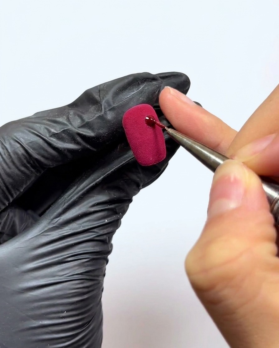 Un pennello a punta sottile applica un piccolo punto di gel rosso su una superficie rossa texturizzata.