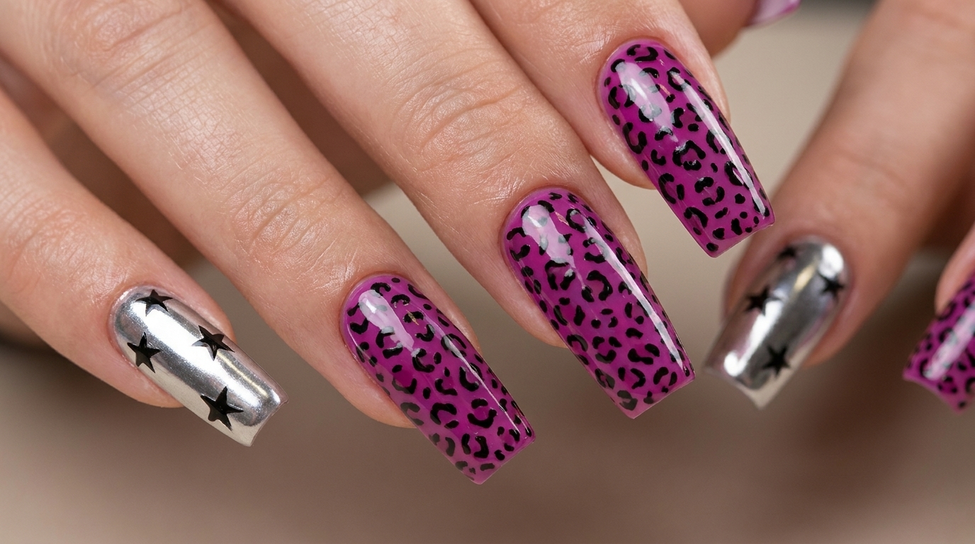 Ricostruzione in Gel Quadrata con Stampa Leopardata Magenta Y2K e Dettagli Cromati — Tutorial Passo Passo