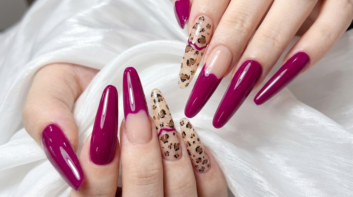 Unghie lunghe a forma di ballerina con smalto magenta vibrante e dettagli leopardati rifiniti con un top coat ultra lucido.