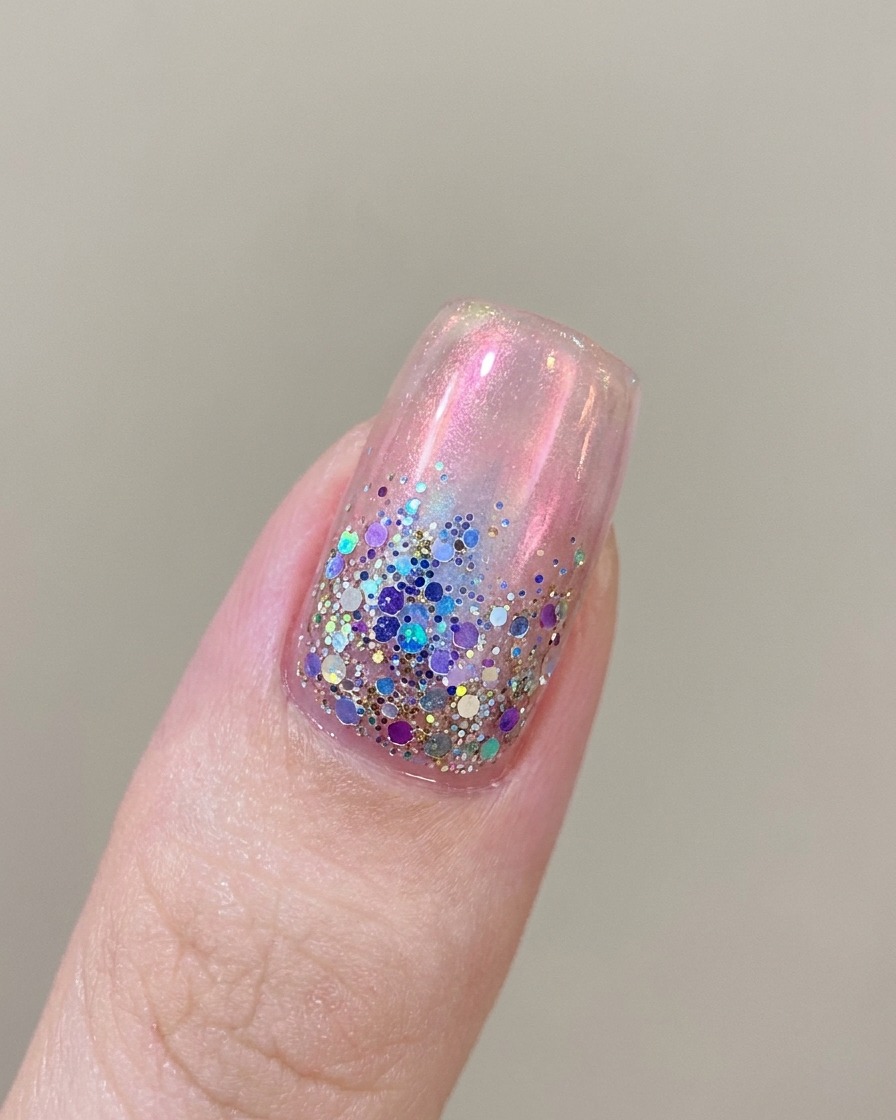Primo piano di un pennello che applica uno smalto gel magnetico rosa semi-trasparente su ununghia naturale.