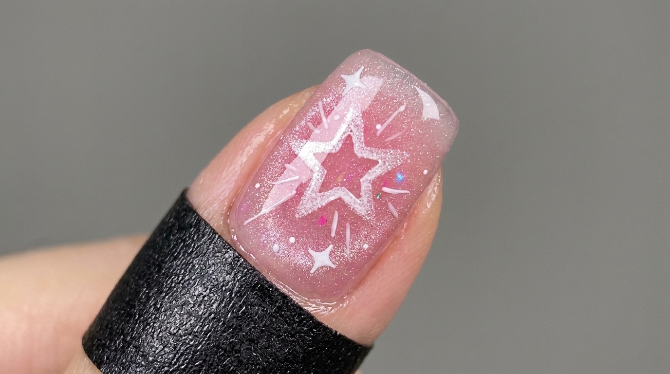 Una splendida manicure gel cat-eye rosa con delicati accenti a stella bianchi e dettagli dipinti a mano.