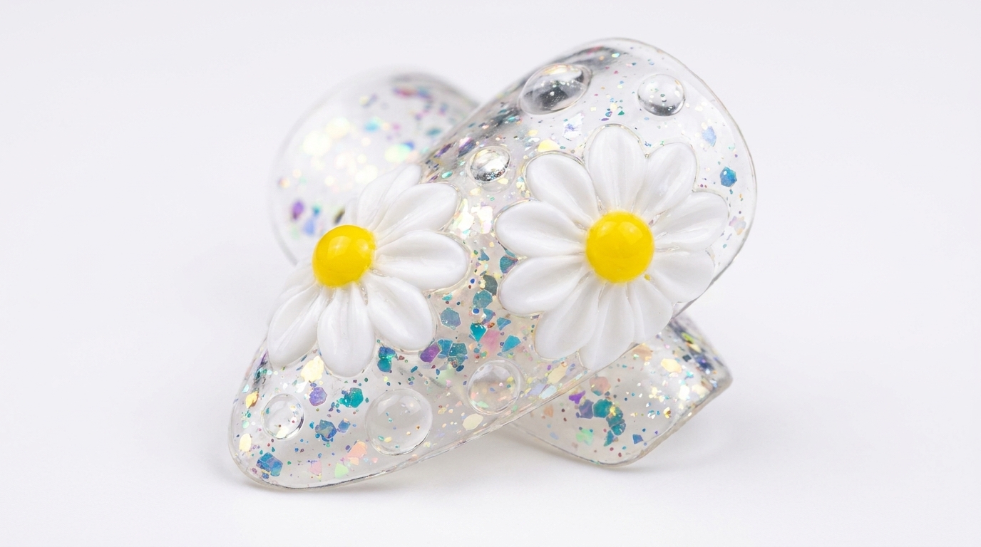Unghie Gel con Margherite 3D ed Effetto Goccia d'Acqua