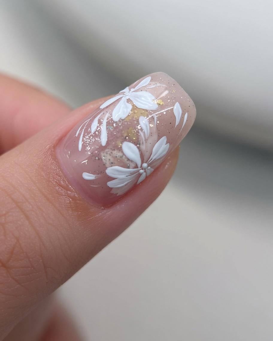 Un pennello di precisione dipinge delicati petali di fiori bianchi su ununghia.