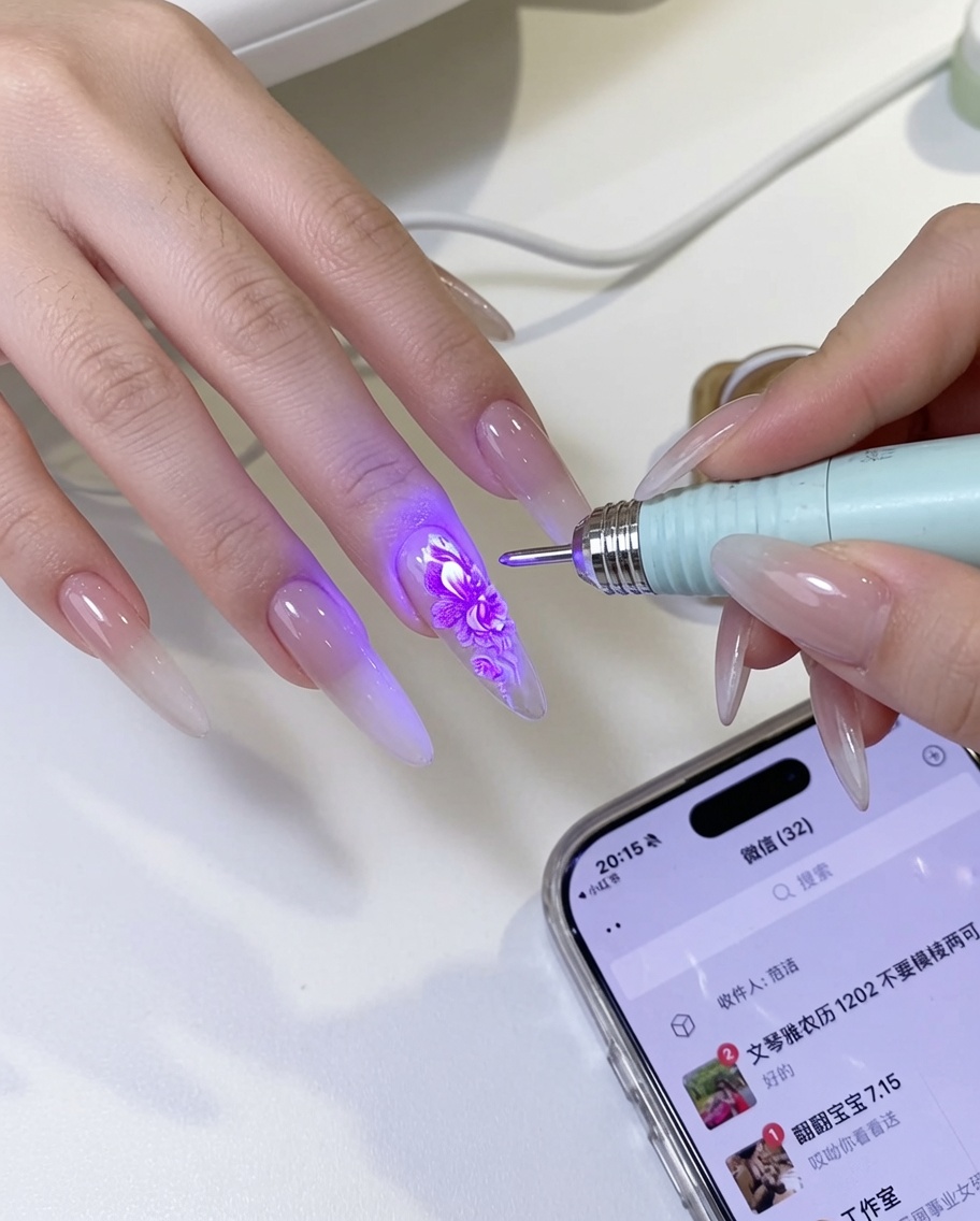 Primo piano di una mano con design floreale posizionata sotto la luce viola di una lampada UV.