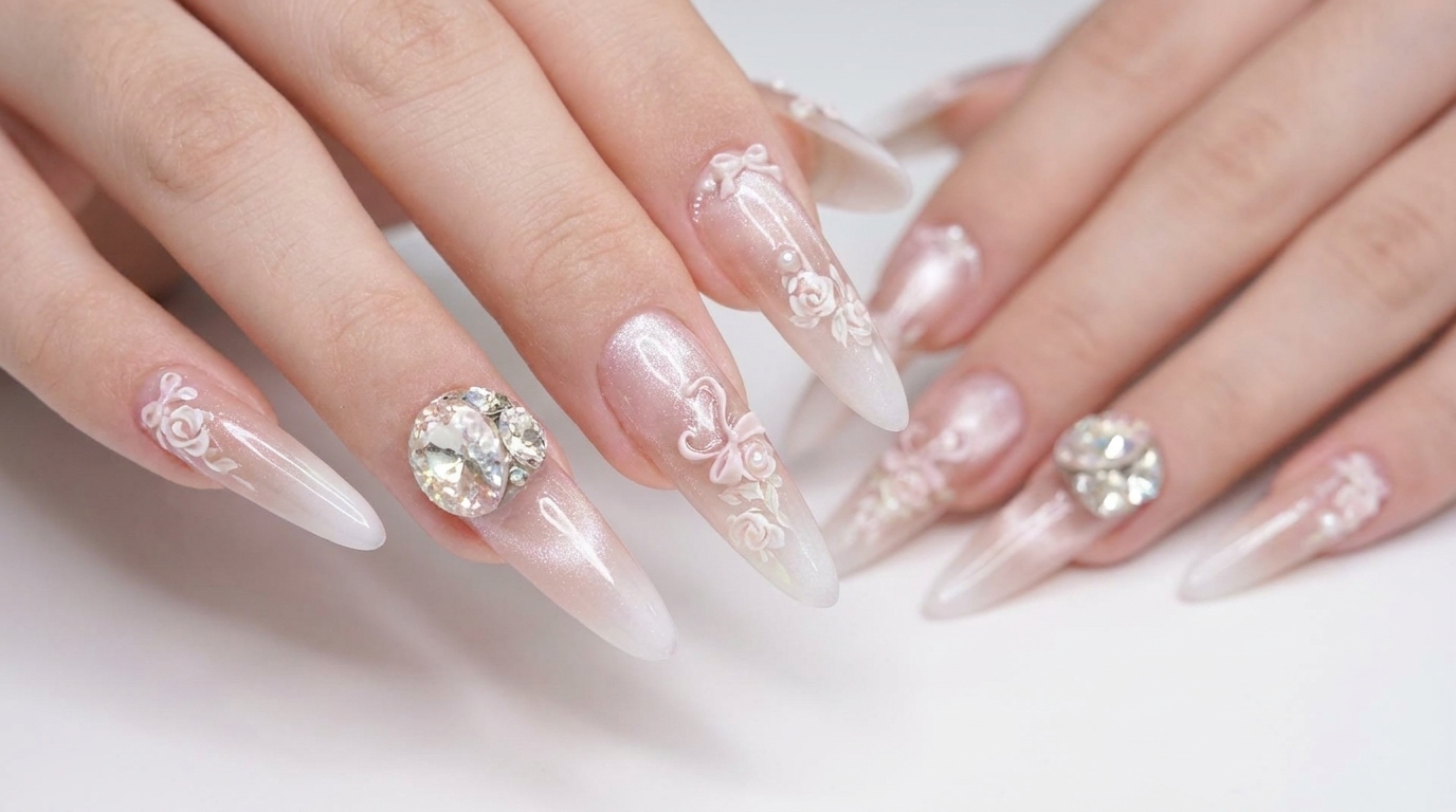 Unghie a Stiletto con Rose Primaverili e Effetto Cat-Eye Ombré