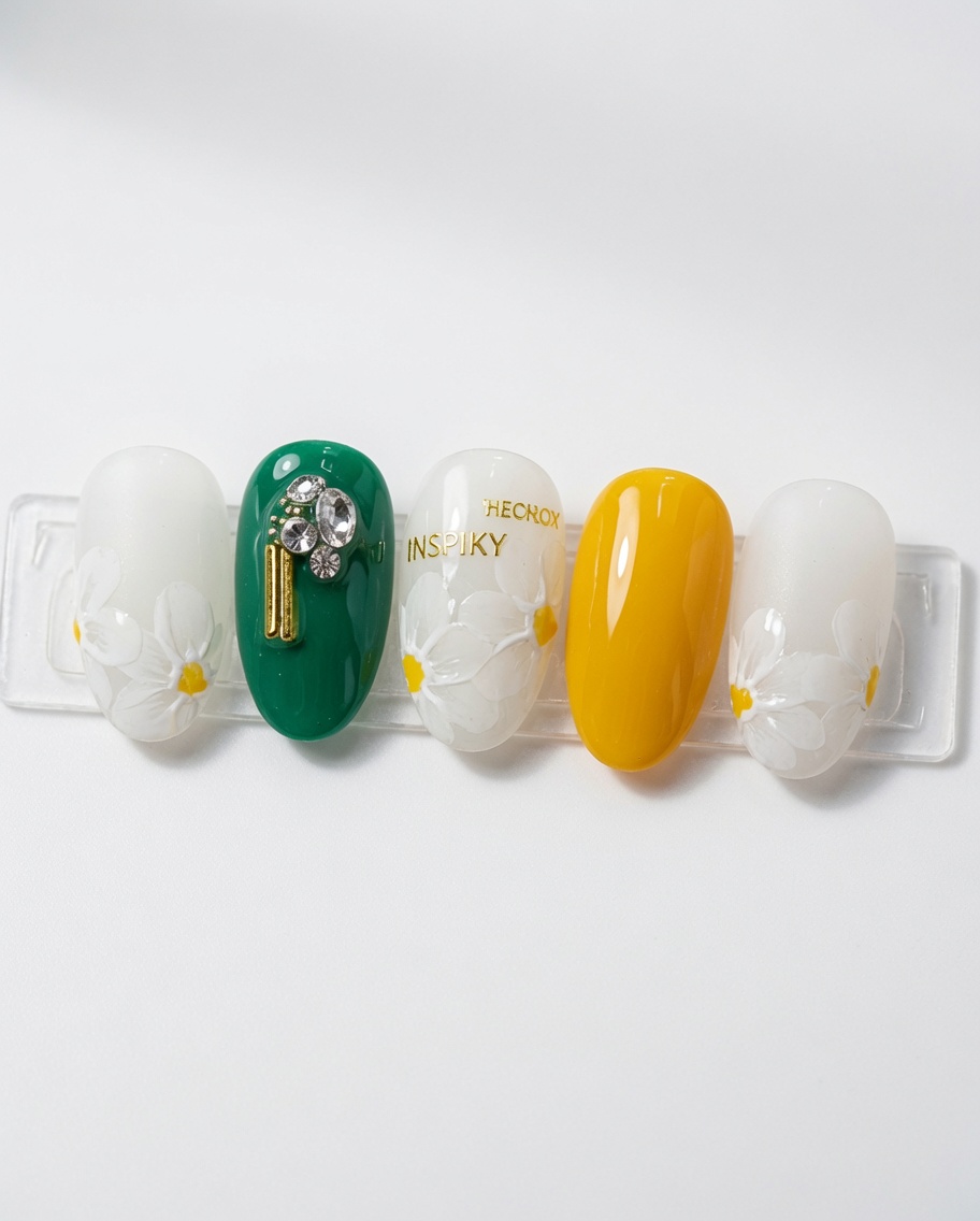 Applicazione di uno smalto gel bianco latte su una tip con un pennello.