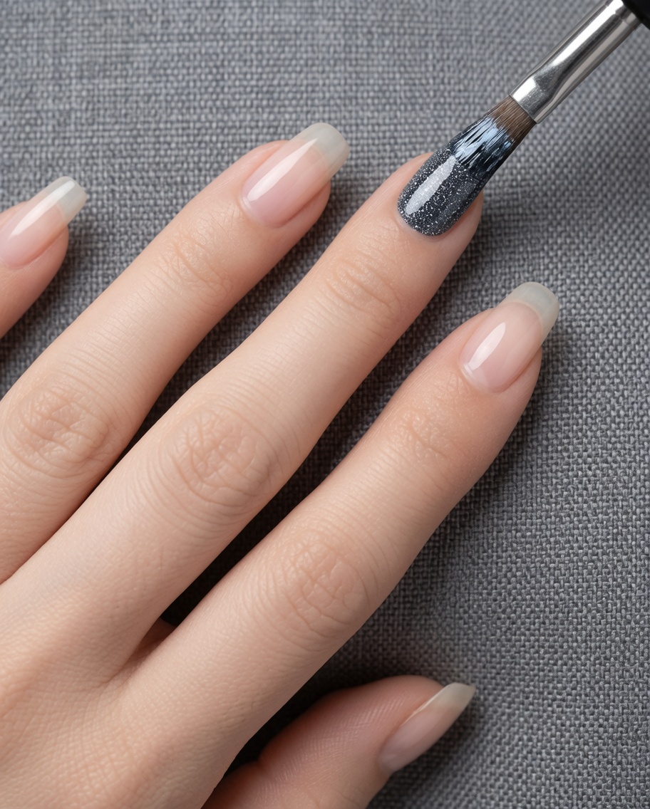 Ununghia con una mano di smalto gel grigio, che appare di un colore grigio chiaro e traslucido.