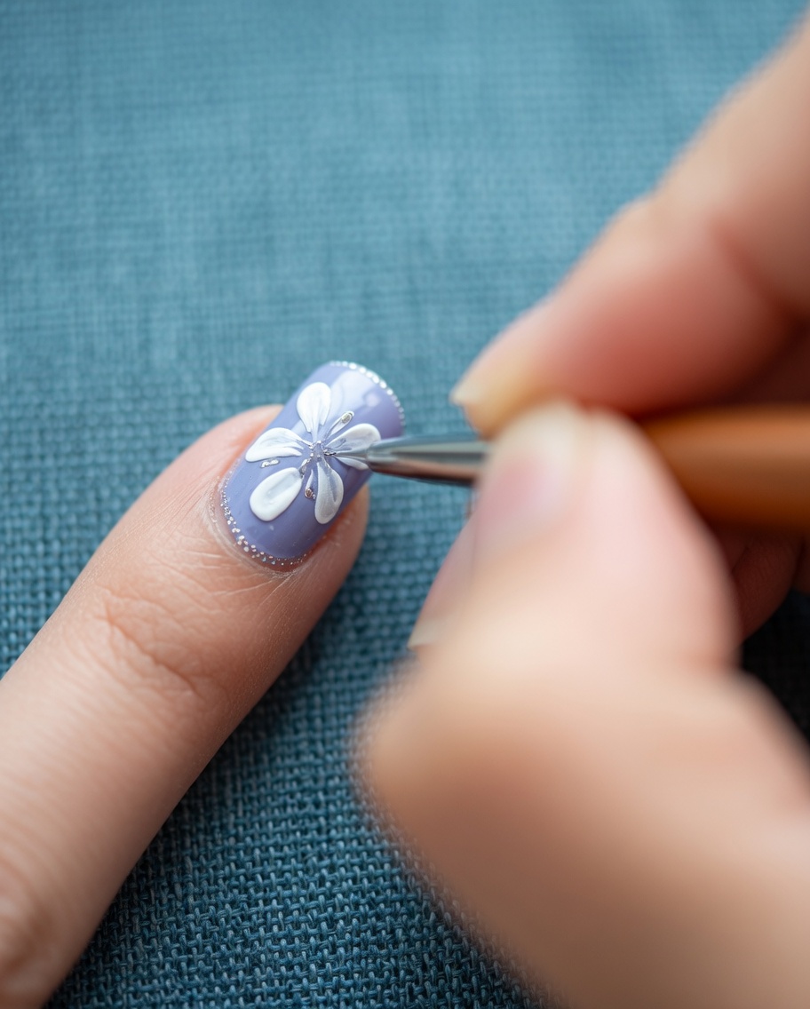 Primo piano di ununghia grigia con petali di margherita bianchi completati dipinti con il gel.