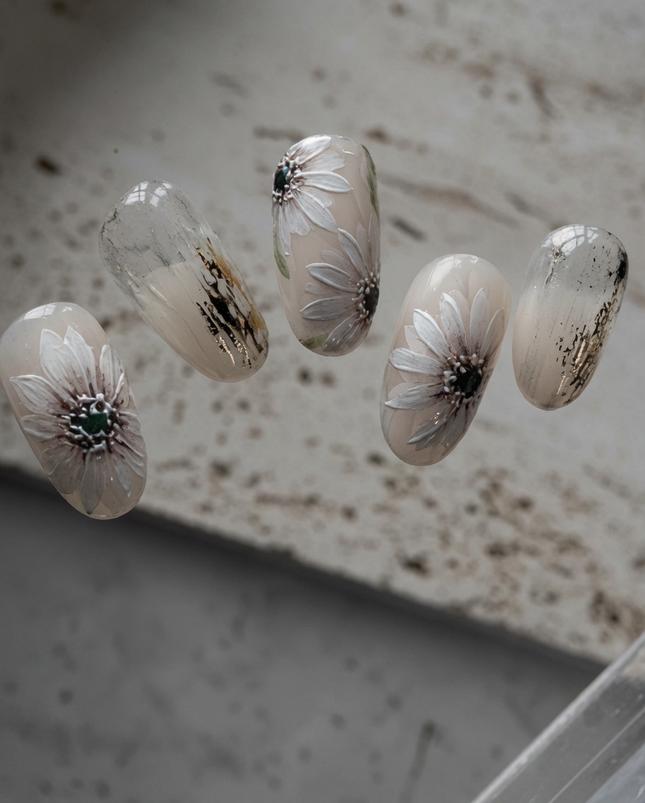 Primo piano di un pennello a punta sottile che crea un singolo tratto di petalo bianco su ununghia color nude.