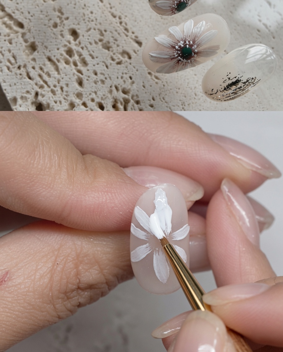 Un pennello da nail art che applica un piccolo punto di gel verde al centro di una margherita bianca dipinta.